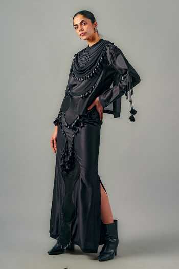 Buy_Saim_Black Silk, Chanderi, Satin, Jersey Quilted Neckline Draped Top And Skirt Set _Online_at_Aza_Fashions