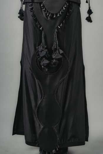 Shop_Saim_Black Silk, Chanderi, Satin, Jersey Quilted Neckline Draped Top And Skirt Set _Online_at_Aza_Fashions
