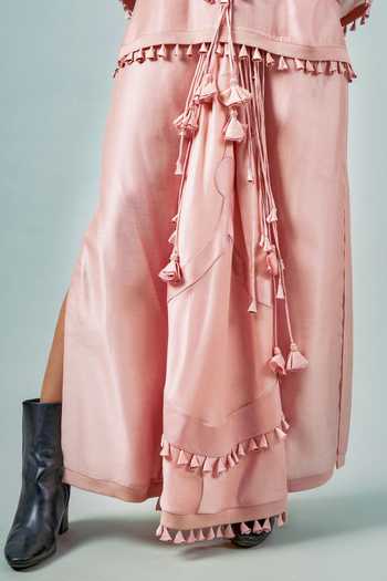 Saim_Pink Silk, Chanderi, Satin Mandarin Patchwork Embroidered Cape And Skirt Set _Online_at_Aza_Fashions