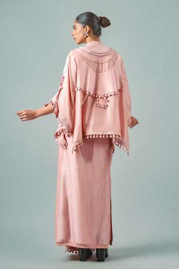 Shop_Saim_Pink Silk, Chanderi, Satin Mandarin Patchwork Embroidered Cape And Skirt Set _at_Aza_Fashions