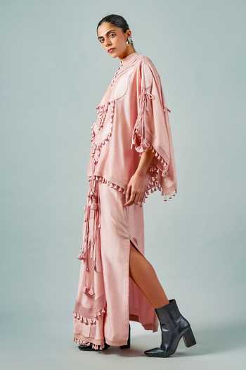 Buy_Saim_Pink Silk, Chanderi, Satin Mandarin Patchwork Embroidered Cape And Skirt Set _Online_at_Aza_Fashions