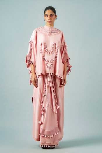 Buy_Saim_Pink Silk, Chanderi, Satin Mandarin Patchwork Embroidered Cape And Skirt Set _at_Aza_Fashions