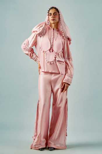 Buy_Saim_Pink Silk, Chanderi, Satin Placement Embroidered Draped Shirt And Pant Set _at_Aza_Fashions