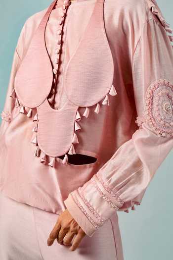 Buy_Saim_Pink Silk, Chanderi, Satin Placement Embroidered Draped Shirt And Pant Set _Online_at_Aza_Fashions