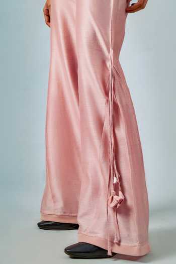 Shop_Saim_Pink Silk, Chanderi, Satin Placement Embroidered Draped Shirt And Pant Set _Online_at_Aza_Fashions
