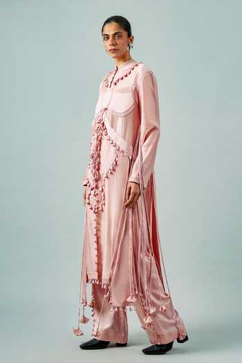 Buy_Saim_Pink Silk, Chanderi, Satin Ornament Patchwork Embroidered Kurta And Pant Set _Online_at_Aza_Fashions