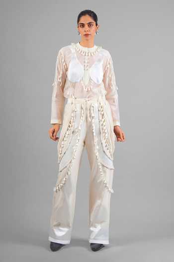 Buy_Saim_Ivory Chanderi, Satin, Silk, Jersey Round Neck Embroidered Top And Pant Set _at_Aza_Fashions