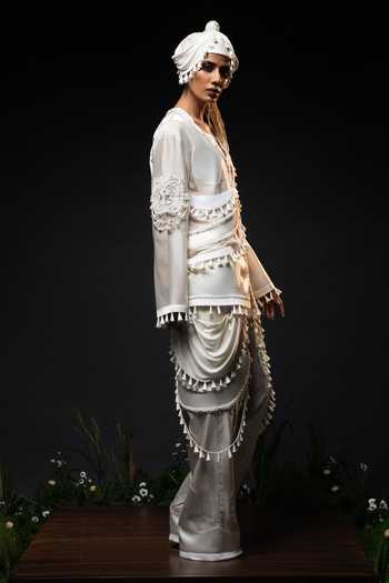 Saim_Ivory Chanderi, Satin, Silk, Ornament Patchwork Embroidered Top And Trouser Set _Online_at_Aza_Fashions