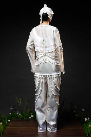 Shop_Saim_Ivory Chanderi, Satin, Silk, Ornament Patchwork Embroidered Top And Trouser Set _at_Aza_Fashions