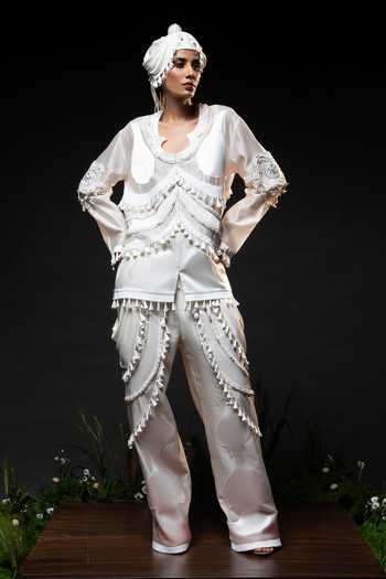 Buy_Saim_Ivory Chanderi, Satin, Silk, Ornament Patchwork Embroidered Top And Trouser Set _at_Aza_Fashions