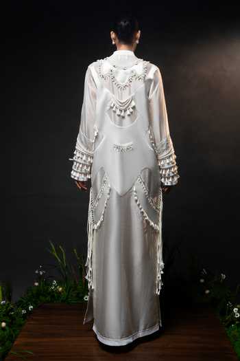 Shop_Saim_Ivory Chanderi, Satin, Jersey Mandarin Sculptural Patchwork Embroidered Dress _at_Aza_Fashions