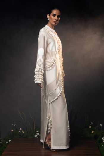 Saim_Ivory Chanderi, Satin, Jersey Mandarin Sculptural Patchwork Embroidered Dress _Online_at_Aza_Fashions
