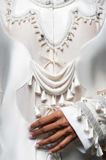 Buy_Saim_Ivory Chanderi, Satin, Jersey Mandarin Sculptural Patchwork Embroidered Dress _Online_at_Aza_Fashions