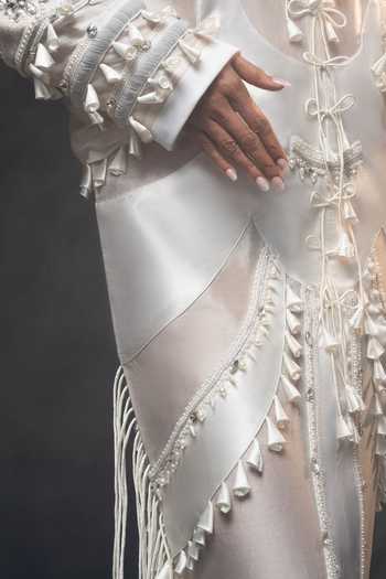 Shop_Saim_Ivory Chanderi, Satin, Jersey Mandarin Sculptural Patchwork Embroidered Dress _Online_at_Aza_Fashions
