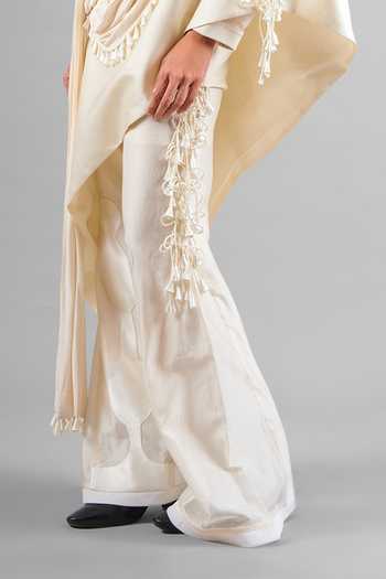 Buy_Saim_Ivory Silk, Satin, Jersey, Chanderi Round Neck Tassel Draped Top And Pant Set _Online_at_Aza_Fashions