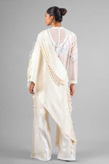 Shop_Saim_Ivory Silk, Satin, Jersey, Chanderi Round Neck Tassel Draped Top And Pant Set _at_Aza_Fashions