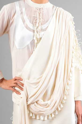 Shop_Saim_Ivory Silk, Satin, Jersey, Chanderi Round Neck Tassel Draped Top And Pant Set _Online_at_Aza_Fashions