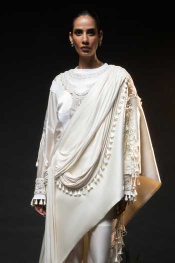 Saim_Ivory Silk, Chanderi, Satin, Jersey Round Neck Embroidered Top And Trouser Set _Online_at_Aza_Fashions