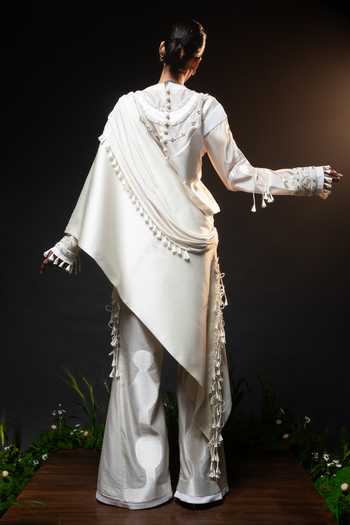 Shop_Saim_Ivory Silk, Chanderi, Satin, Jersey Round Neck Embroidered Top And Trouser Set _at_Aza_Fashions