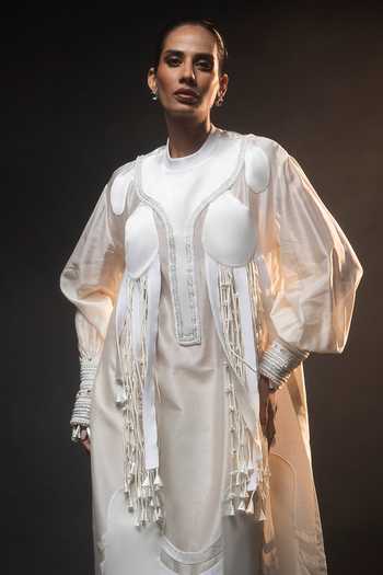 Saim_Ivory Silk, Chanderi, Satin High Neck Tassel Fringe Kurta And Pant Set _Online_at_Aza_Fashions