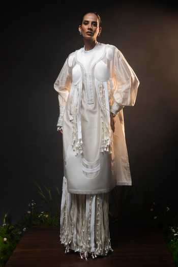 Buy_Saim_Ivory Silk, Chanderi, Satin High Neck Tassel Fringe Kurta And Pant Set _at_Aza_Fashions
