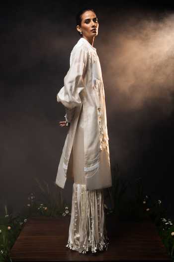 Buy_Saim_Ivory Silk, Chanderi, Satin High Neck Tassel Fringe Kurta And Pant Set _Online_at_Aza_Fashions