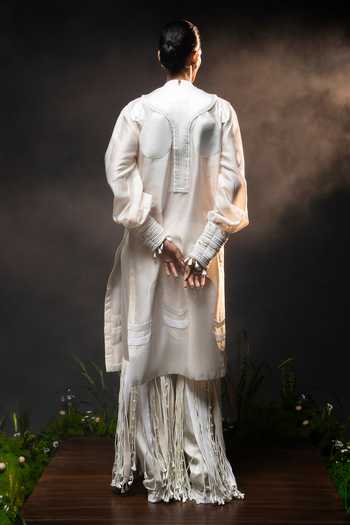 Shop_Saim_Ivory Silk, Chanderi, Satin High Neck Tassel Fringe Kurta And Pant Set _at_Aza_Fashions