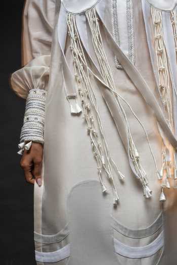 Shop_Saim_Ivory Silk, Chanderi, Satin High Neck Tassel Fringe Kurta And Pant Set _Online_at_Aza_Fashions