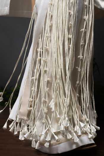 Saim_Ivory Silk, Chanderi, Satin High Neck Tassel Fringe Kurta And Pant Set _at_Aza_Fashions