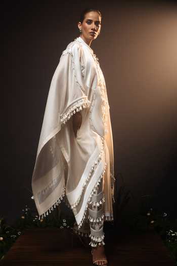 Saim_Ivory Silk, Chanderi, Satin High Neck Embroidered Kaftan And Pant Set _Online_at_Aza_Fashions