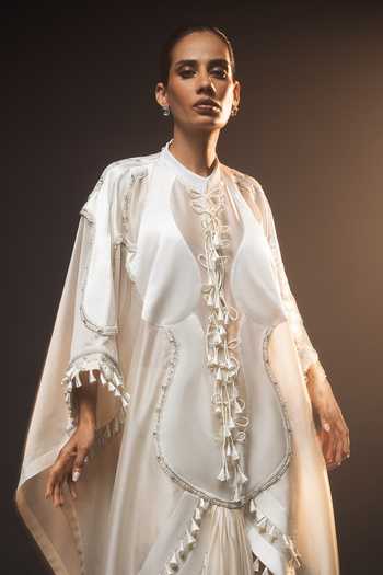 Buy_Saim_Ivory Silk, Chanderi, Satin High Neck Embroidered Kaftan And Pant Set _Online_at_Aza_Fashions