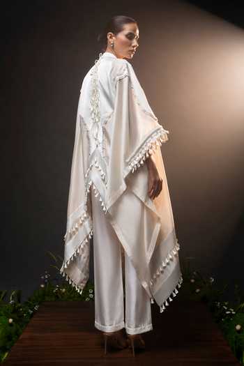 Shop_Saim_Ivory Silk, Chanderi, Satin High Neck Embroidered Kaftan And Pant Set _at_Aza_Fashions