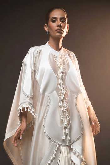 Saim_Ivory Silk, Chanderi, Satin High Neck Embroidered Kaftan And Pant Set _Online_at_Aza_Fashions