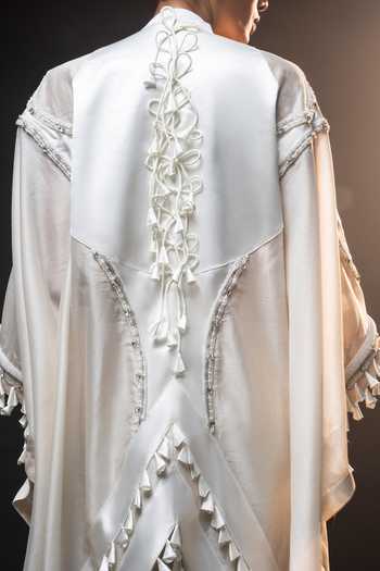 Shop_Saim_Ivory Silk, Chanderi, Satin High Neck Embroidered Kaftan And Pant Set _Online_at_Aza_Fashions
