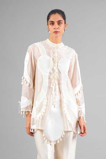 Saim_Ivory Silk, Chanderi, Satin High Neck Embroidered Kurta And Sharara Set _Online_at_Aza_Fashions