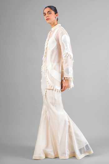 Saim_Ivory Silk, Chanderi, Satin High Neck Embroidered Kurta And Sharara Set _at_Aza_Fashions