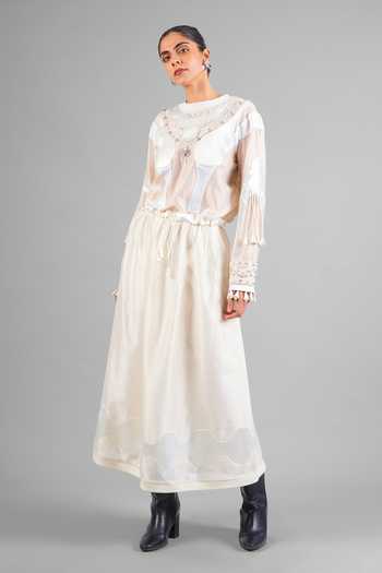 Buy_Saim_Ivory Chanderi, Satin, Silk Round Neck Embroidered Top And Flared Skirt Set _at_Aza_Fashions