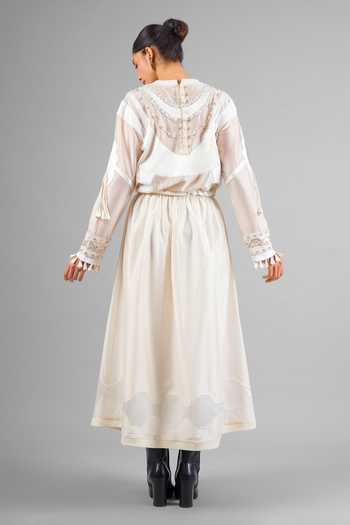 Shop_Saim_Ivory Chanderi, Satin, Silk Round Neck Embroidered Top And Flared Skirt Set _at_Aza_Fashions