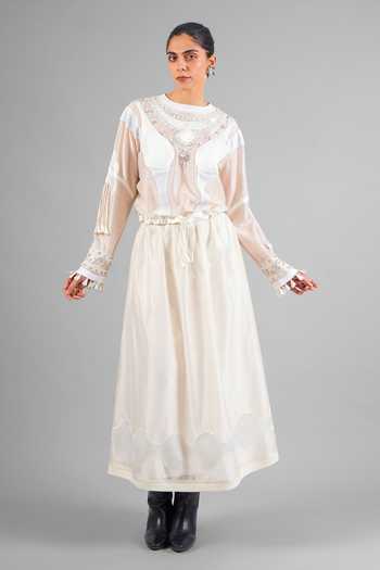 Saim_Ivory Chanderi, Satin, Silk Round Neck Embroidered Top And Flared Skirt Set _Online_at_Aza_Fashions