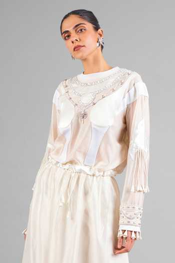 Buy_Saim_Ivory Chanderi, Satin, Silk Round Neck Embroidered Top And Flared Skirt Set _Online_at_Aza_Fashions