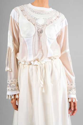 Saim_Ivory Chanderi, Satin, Silk Round Neck Embroidered Top And Flared Skirt Set _at_Aza_Fashions
