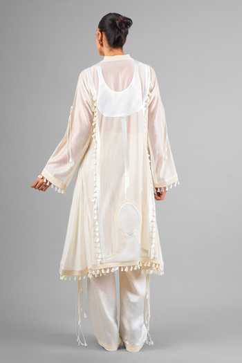 Shop_Saim_Ivory Chanderi, Satin, Jersey, Silk Mandarin Sculptural Jacket And Trouser Set _at_Aza_Fashions