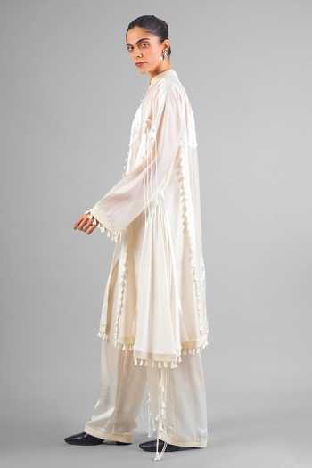 Saim_Ivory Chanderi, Satin, Jersey, Silk Mandarin Sculptural Jacket And Trouser Set _Online_at_Aza_Fashions