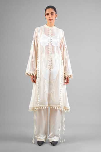 Buy_Saim_Ivory Chanderi, Satin, Jersey, Silk Mandarin Sculptural Jacket And Trouser Set _at_Aza_Fashions