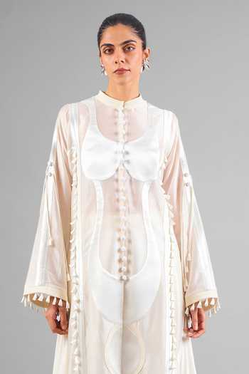 Buy_Saim_Ivory Chanderi, Satin, Jersey, Silk Mandarin Sculptural Jacket And Trouser Set _Online_at_Aza_Fashions