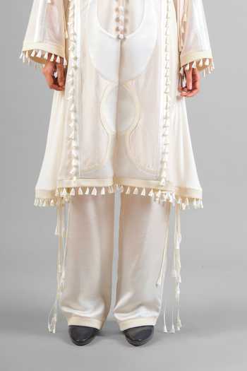 Saim_Ivory Chanderi, Satin, Jersey, Silk Mandarin Sculptural Jacket And Trouser Set _at_Aza_Fashions