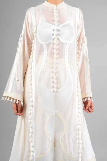 Buy_Saim_Ivory Chanderi, Satin, Jersey, Silk Mandarin Sculptural Jacket And Trouser Set 