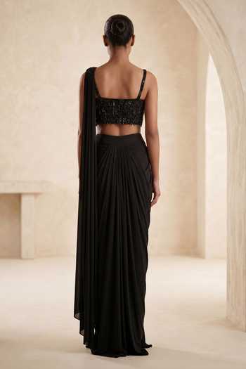 Two Sisters By Gyans_Black Lycra Sweetheart Neck Hand Embroidered Pre Draped Saree With Blouse _Online_at_Aza_Fashions