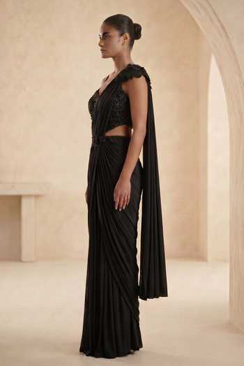 Shop_Two Sisters By Gyans_Black Lycra Sweetheart Neck Hand Embroidered Pre Draped Saree With Blouse _Online_at_Aza_Fashions