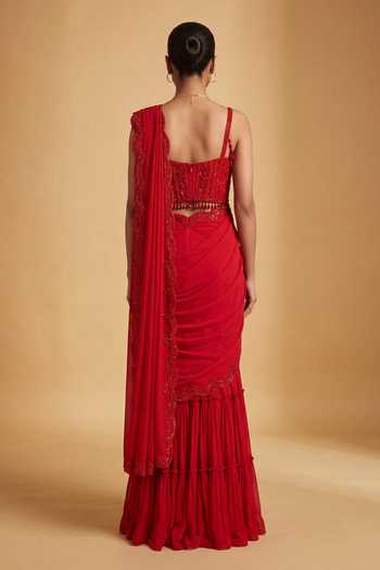 Shop_Two Sisters By Gyans_Red Georgette Sweetheart Neck Tonal Embroidered Gharara Saree With Blouse _at_Aza_Fashions